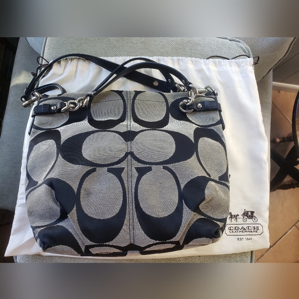 Signature black on grey Coach pattern 3 strap slouch bag